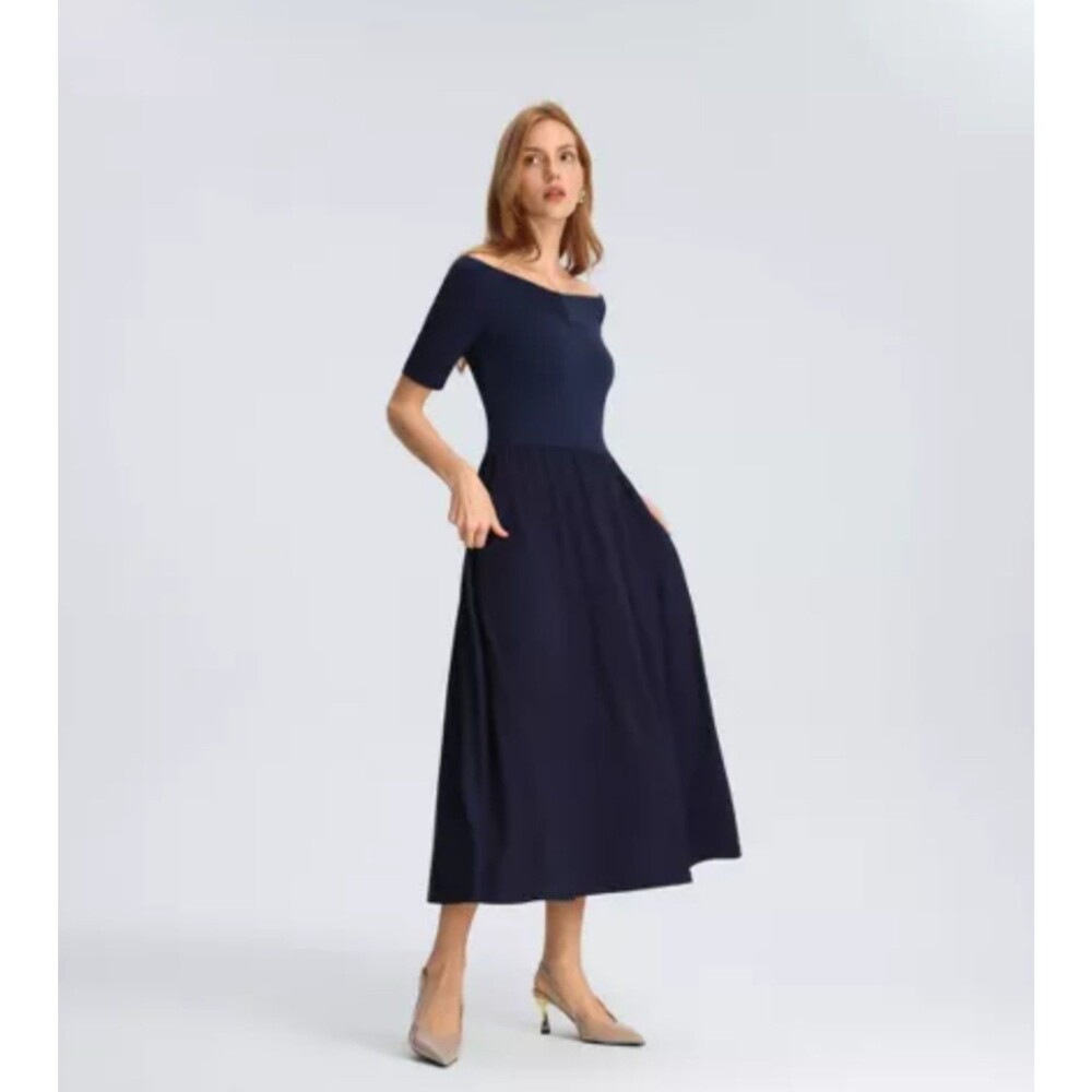 Women's A New Day Raglan Short Sleeve Twofer Midi A-Line Dress Navy Blue Large